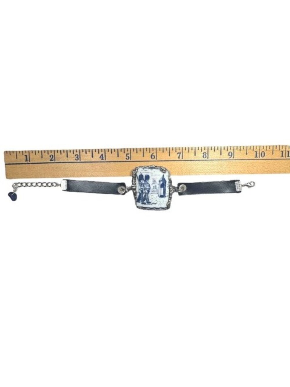 Blue Willow Nutcracker China Leather Bracelet With Silver Blend Bezel Artisanal - Picture 9 of 16